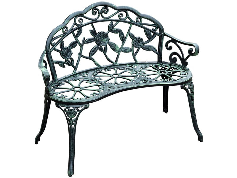  Banc de jardin 2 places 100x54x78 cm – vert antique – dossier fleuri en métal, avec accoudoirs, style vintage  - Conforama A