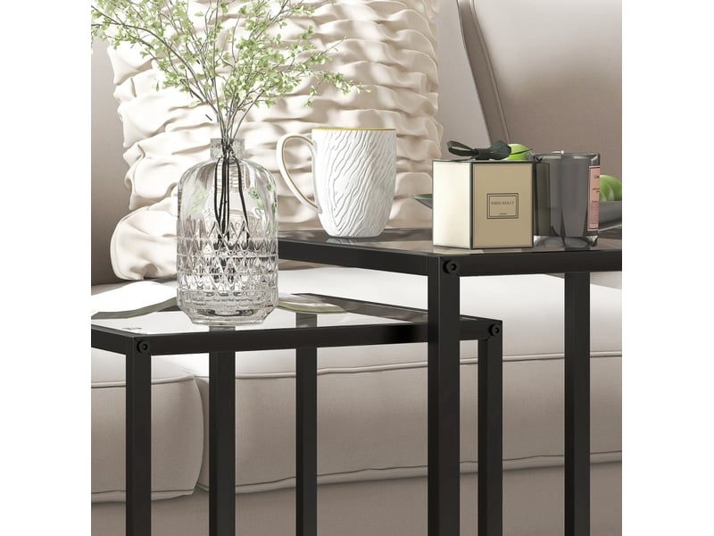  Tables d'appoint gigognes modernes lot de 2 avec plateau en verre trempé et structure en acier noir pour salon  - Conforama E