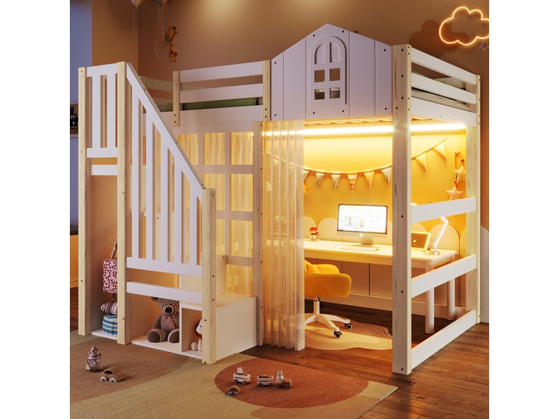  Lit mezzanine enfant 200×140 cm avec escalier de rangement, éclairage led et rideau en voile, sans matelas  - Conforama C