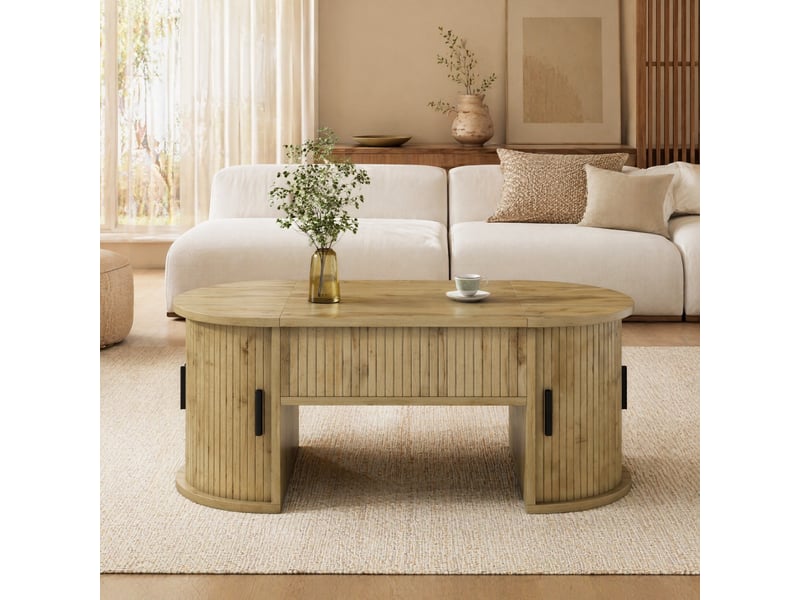  Table basse ovale avec plateau relevable, 2 portes coulissantes et étagères ouvertes, mdf, chêne, 100 × 50 × 40.5 cm  - Conforama B