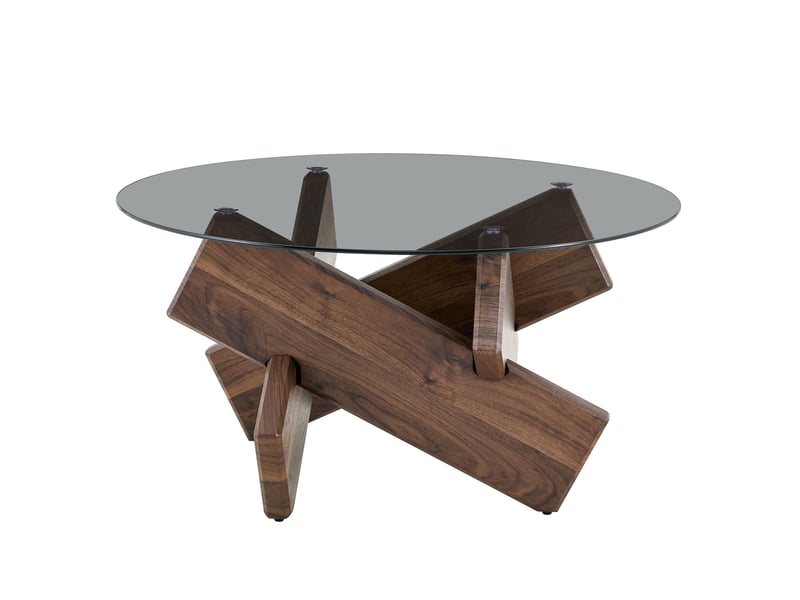 Table basse ronde avec plateau en verre trempé et piètement géométrique en mdf pour salon, noyer, ø 79 × 45 cm - Conforama A