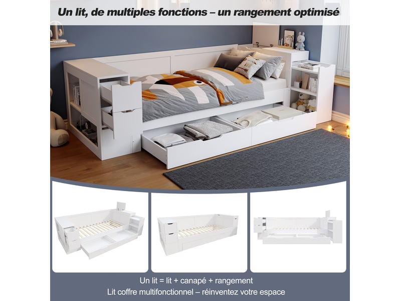  Lit simple enfant 90x190 cm – blanc – tiroirs, rangement latéral et table coulissante – sans matelas  - Conforama E