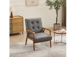 Fauteuil lounge en cuir véritable, avec accoudoirs couleur noyer et pieds en bois de caoutchouc, gris