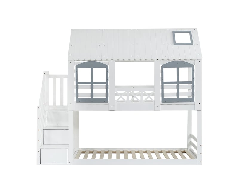  Lit superposé enfant 90x200 cm, lit cabane avec escalier de rangement, barrière de sécurité, en bois de pin massif et mdf, blanc  - Conforama D