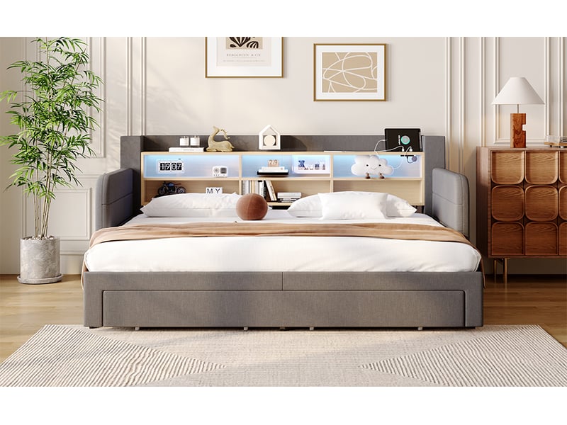  Lit gigogne,90x200 cm,avec led,tiroirs,lin,mdf,gris  - Conforama B