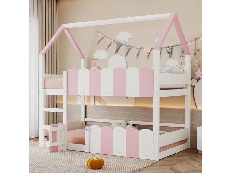  Lit mezzanine enfant 90x200 cm, forme maison, espace inférieur modulable, barrières de sécurité, échelle, bois et mdf, rose OMNIGLINT TRADING LTD - Conforama D