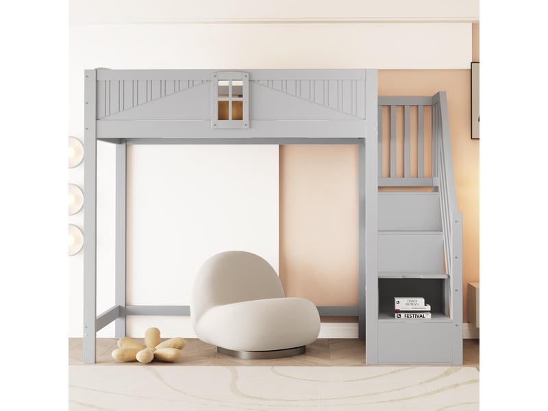  Lit mezzanine en bois massif 90 x 200 cm gris, échelle latérale réversible avec rangement, garde-corps à fenêtre  - Conforama D