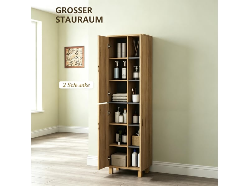  Armoire de salle de bain haute avec 6 compartiments ouverts et 2 portes, unité de rangement pour la maison  - Conforama D