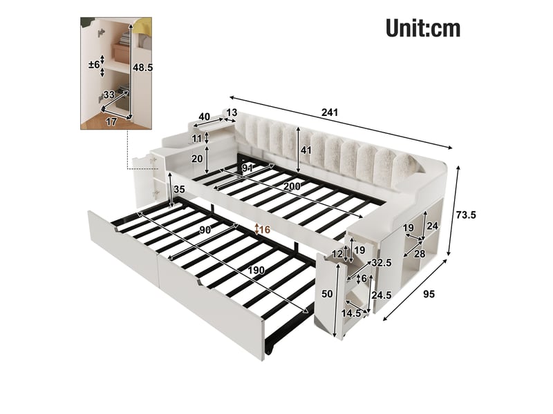  Lit banquette 90x200 cm, lit de jour avec sommier, lit gigogne, 3 usbusb-c, chariot, sherpa (sans matelas), blanc CozyNest - Conforama C