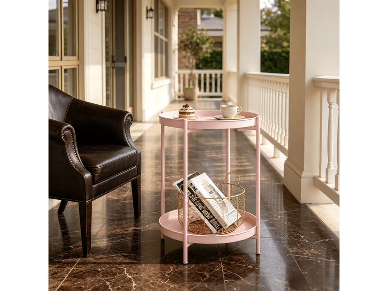 Table basse ronde avec 2 plateaux de rangement amovibles et pieds réglables en métal pour salon, 44×44×53 cm, rose  - Conforama C