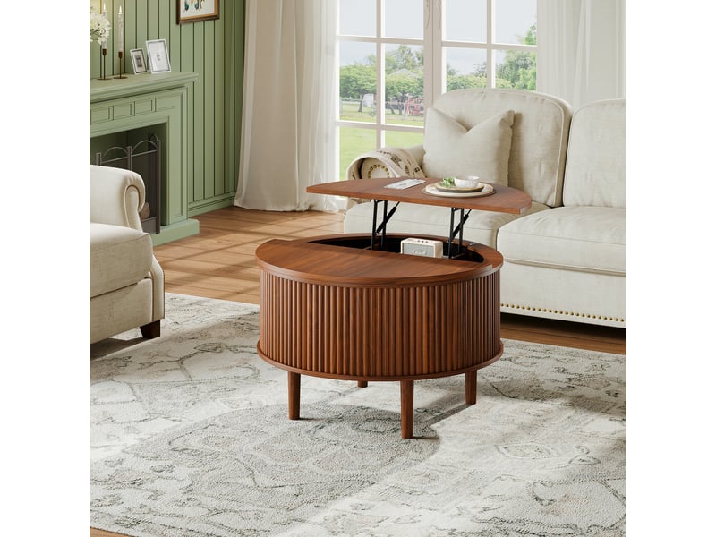 Table basse ronde 80x80x50 cm, plateau relevable et coulissant, rangement, design ondulé, panneaux de particules, marron OMNIGLINT TRADING LTD - Conforama D