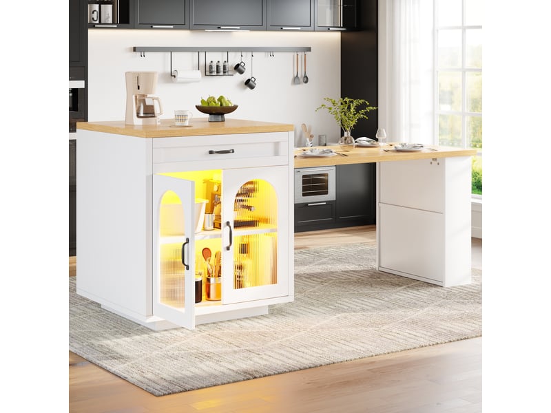Desserte de cuisine extensible avec 2 tiroirs, portes vitrées et led, en mdf blanc pour cuisine 126–196×59×94 cm - Conforama C