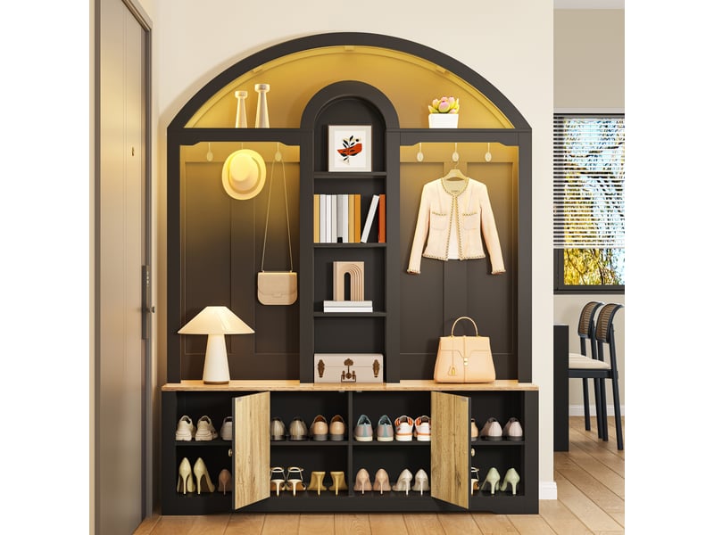  Vestiaire 150x40x195 cm, mdf, crochets, éclairage led, style moderne, espace de rangement à chaussures, grande capacité de espace de rangement, noir  - Conforama B