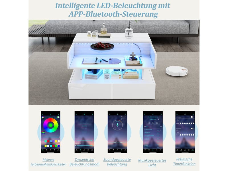 Table basse carrée relevable 80x80 cm avec rangement caché, 2 tiroirs et led app, plateau verre trempé, blanc brillant - Conforama E