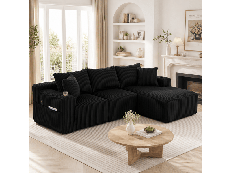  Canapé modulable 3 places avec méridienne noir en velours côtelé  - Conforama B