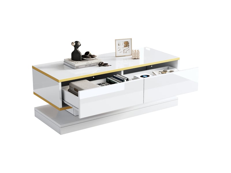 Table basse blanche et or 100x50x38 cm, table de salon brillante avec 2 tiroirs, design unique pour salon - Conforama W