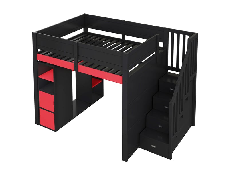 Lit mezzanine 140x200 en bois avec bureau, rangements, led et usb, noir et rouge - Conforama A