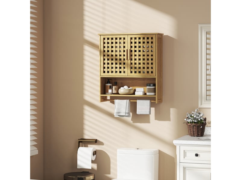  Armoire murale de salle de bain en bambou, 2 portes ajourées, étagère réglable, 62 x 20 x 66 cm  - Conforama D