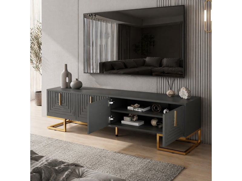  Meuble tv 170 cm à 4 portes en panneau de particules gris foncé et doré  - Conforama C