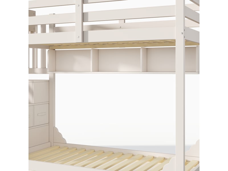  Lit superposé enfant 90x200 - escalier de rangement - 2 tiroirs tissu - 3 étagères ouvertes - garde-corps - sommier inclus - blanc  - Conforama D