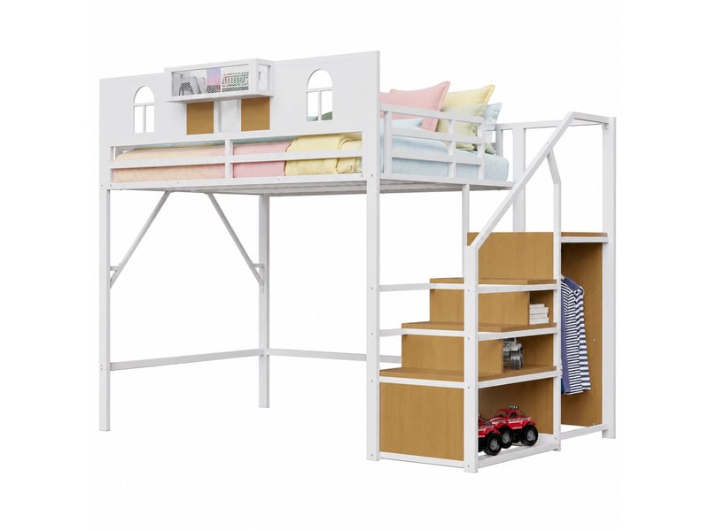 Lit mezzanine en métal 140 x 200 cm avec escalier de rangement et étagère, blanc - Conforama A