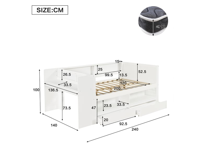  Lit combiné 120 x 200 cm en bois avec bureau intégré, armoire, 2 tiroirs, niches et contour de lit, blanc Bliss Lite - Conforama C