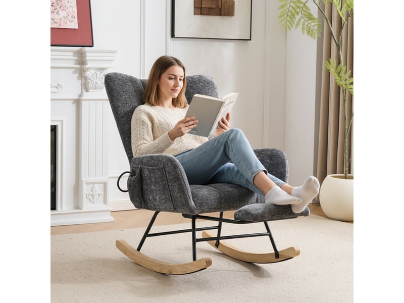  Fauteuil à bascule d'allaitement gris foncé en tissu chenille avec dossier haut et coussins d'air réglables  - Conforama B