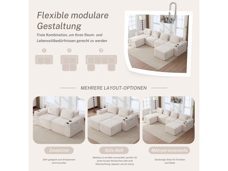 Canapé droit modulable 4 places 330 x 162 x 75 cm avec 2 poufs, assise à ressorts et porte-gobelets, velours côtelé, beige Morn Vibe - Conforama D