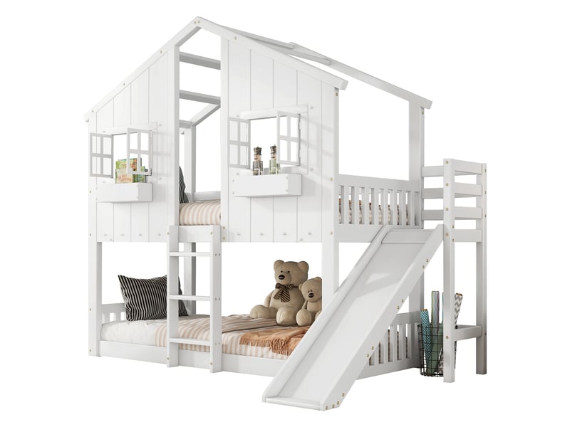  Lit mezzanine cabane enfant 90 x 200 cm avec toboggan blanc et naturel Fay Lum - Conforama A