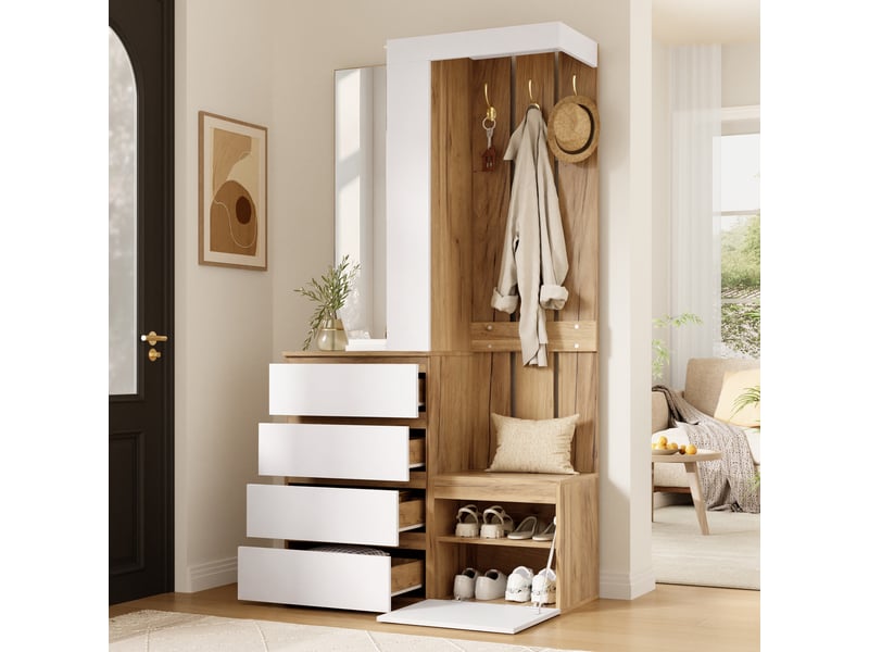  Portemanteau avec banc et rangement blanc et bois naturel  - Conforama B
