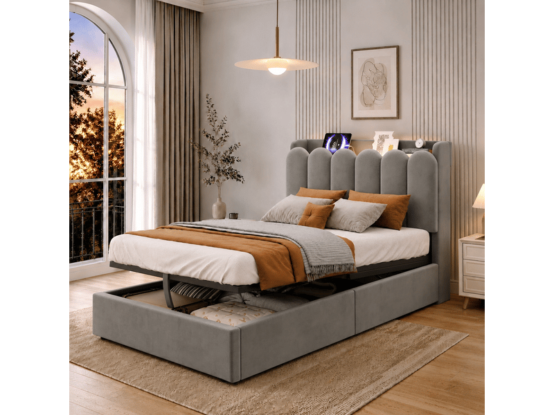  Lit coffre rembourré 90x200 cm coloris gris velours  - Conforama D