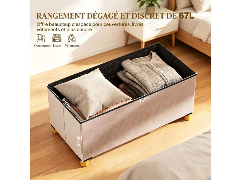  Banc de rangement pliable en velours rose capitonné avec coffre 67 l, 76 cm  - Conforama E