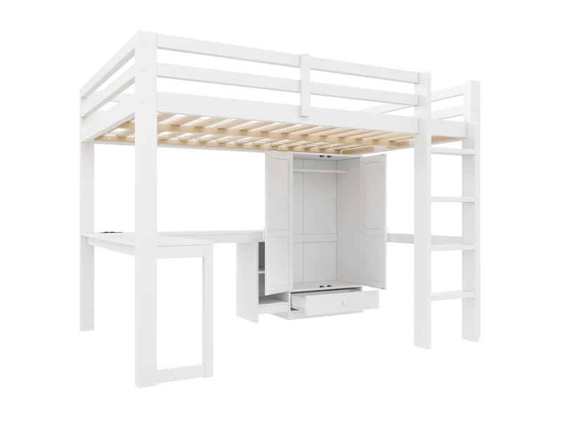  Lit mezzanine 140 x 200 cm, lit enfant surélevé, 1 tiroir, placard intégré, bureau intégré, étagères ouvertes, éclairage led, bois massif, blanc Morn Vibe - Conforama E