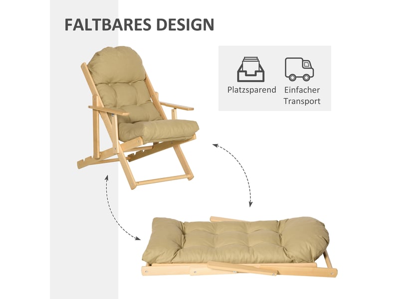 Fauteuil relax pliable marron, dossier à 3 positions, assise rembourrée, structure en hêtre pour salon et chambre - Conforama D