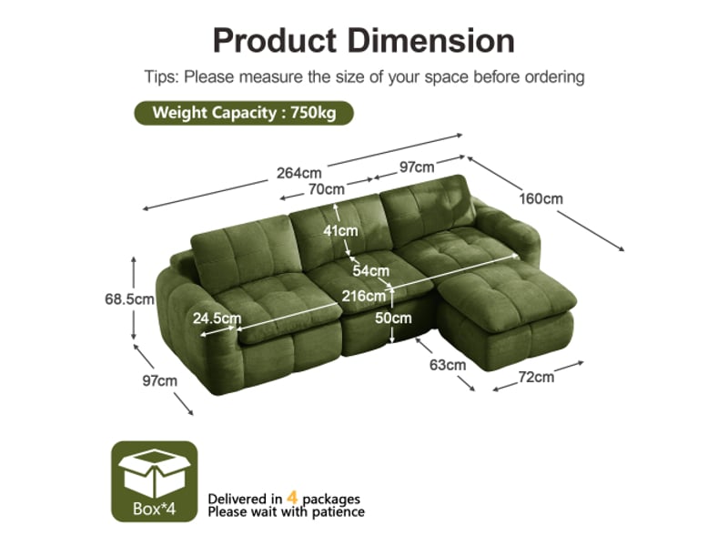  Canapé d’angle l 3 places sans cadre – chenille douce vert – mousse 32d – sans montage – ottoman inclus  - Conforama C