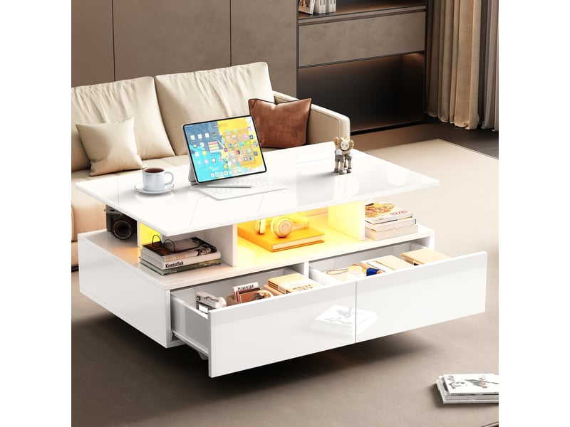  Table basse moderne laquée brillante avec éclairage led et 2 tiroirs – élégante table d'appoint de 90 x 55 x 41 cm avec espace de rangement, supportant jusqu'à 30 kg  - Conforama B