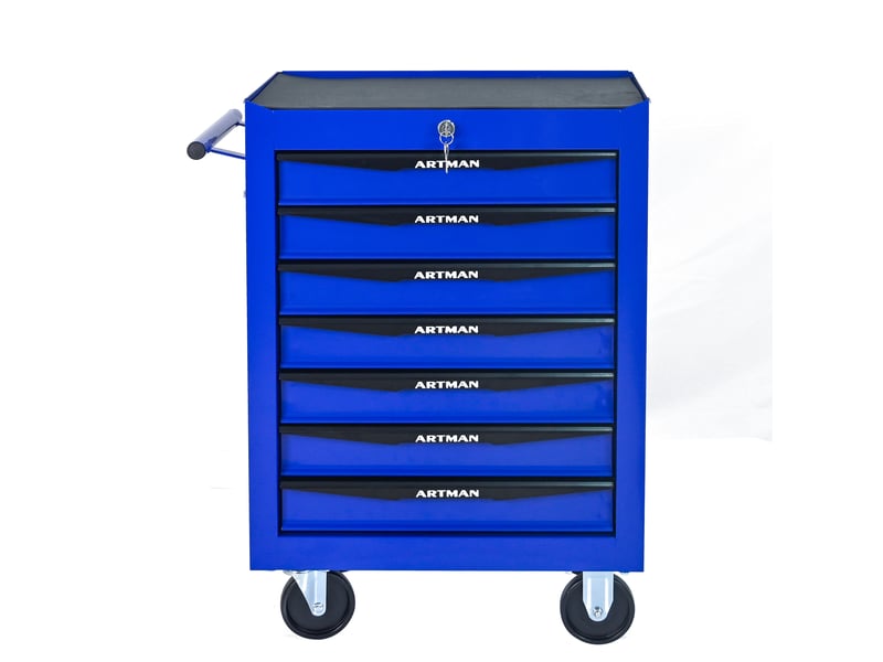  Armoire à outils mobile 60 x 33 x 77,5 cm noir et bleu en acier, 7 tiroirs à serrure, roulettes freinées  - Conforama D