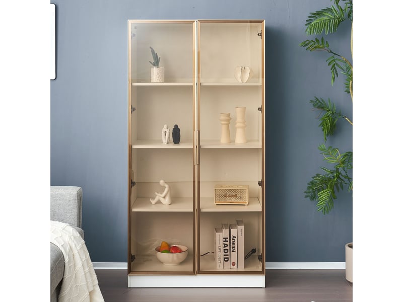  Ensemble de deux vitrines blanches pour salon, portes vitrées marron, éclairage led bluetooth, étagères réglables et 2 tiroirs  - Conforama D