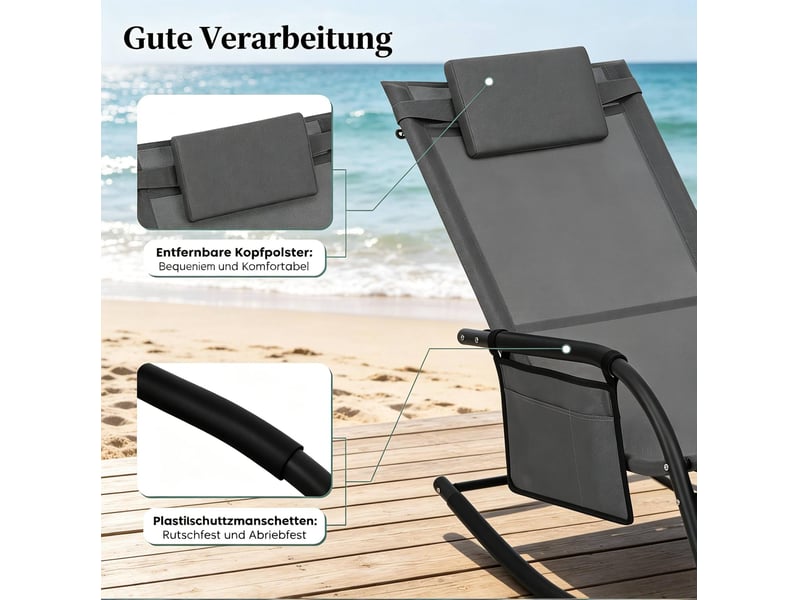  Transat à bascule gris en tissu avec structure métal, poche latérale et appui-tête, pour terrasse ou jardin  - Conforama E