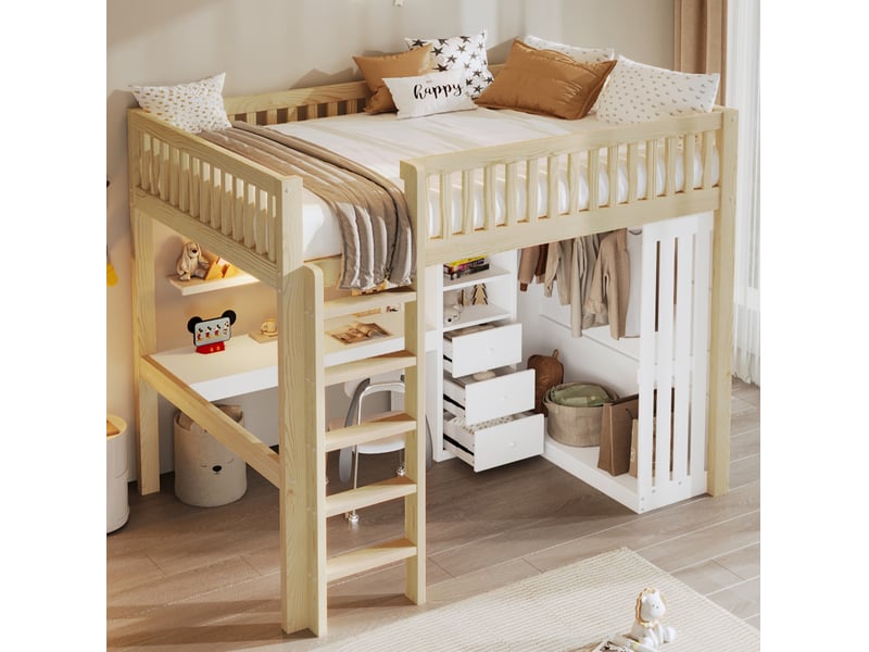  Lit mezzanine 140x200 cm avec bureau et rangement, armoire et tiroirs, blanc et naturel  - Conforama D