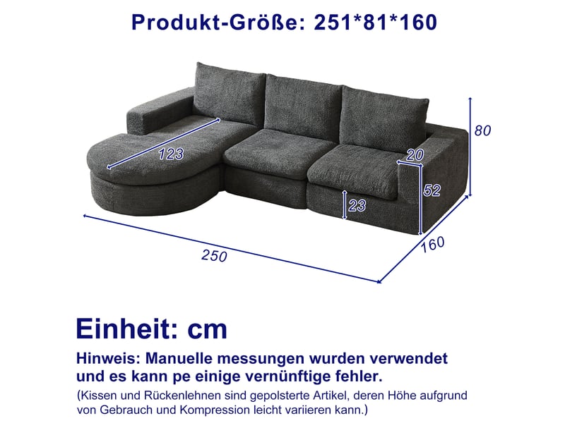  Canapé d'angle modulable modenvie 3 places en chenille gris avec méridienne réversible 250 x 160 x 80 cm  - Conforama C