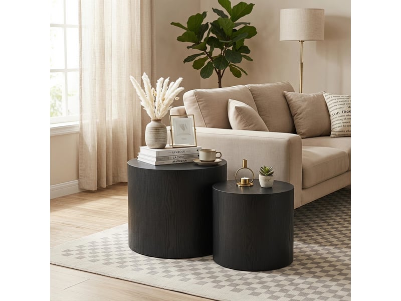 Tables basses gigognes rondes avec pieds antidérapants, lot de 2 en mdf, gain de place, pour salon, noir - Conforama A