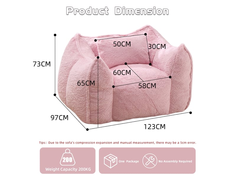  Fauteuil pouf géant 123x97x73 cm – rose – tissu peluche, coussin inclus et mousse haute densité  - Conforama C
