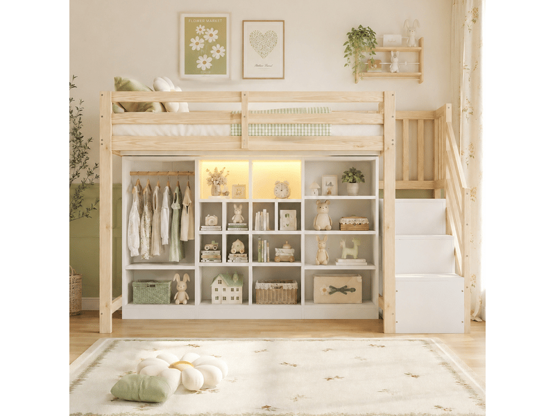  Lit surélevé 90 x 200 cm, rangements, penderie, échelle latérale et éclairage led, finition bois et blanc  - Conforama C