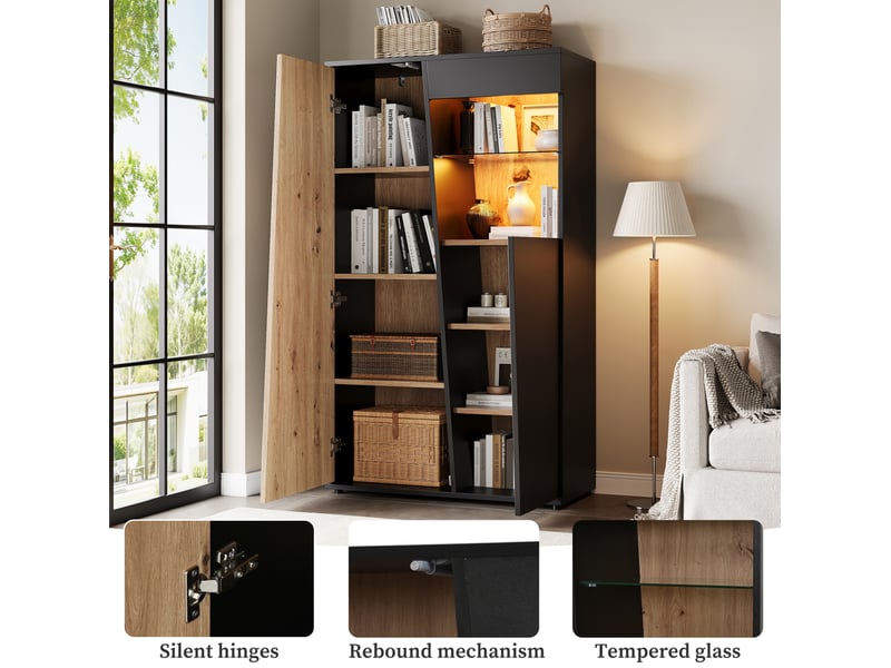  Vitrine haute led noire et bois clair, 2 portes, 7 étagères et verre réglable pour exposer vos objets  - Conforama B