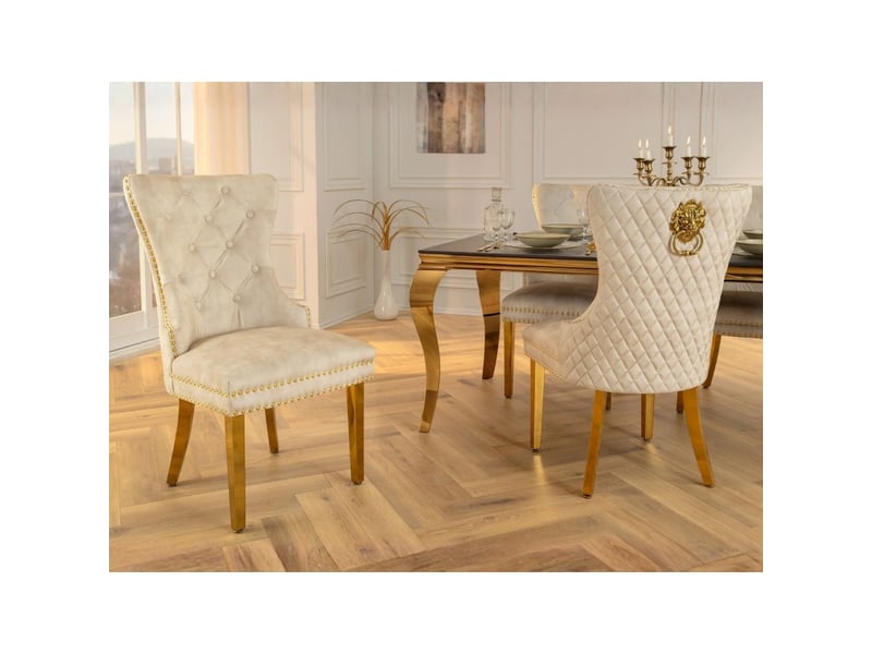 Lot de 2 chaises chesterfield regina beige en velours capitonné – dos matelassé, tête de lion et pieds dorés - Conforama B