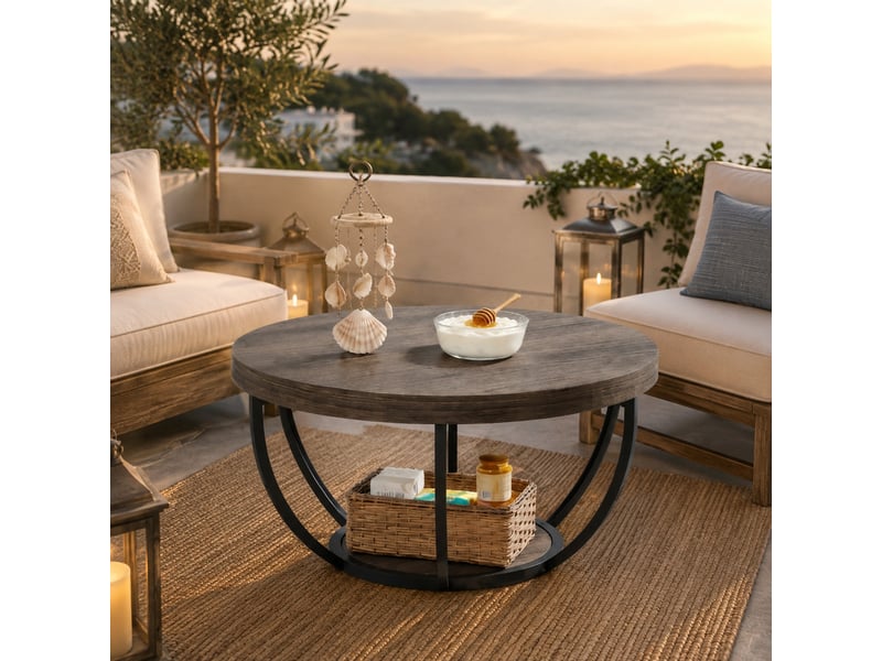  Table basse ronde à 2 niveaux avec plateau en bois et piètement métal, pour salon, finition grise contemporaine  - Conforama D