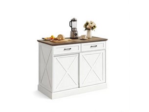 Îlot de cuisine fixe avec rangement, 2 tiroirs, placard coulissant, plan de travail