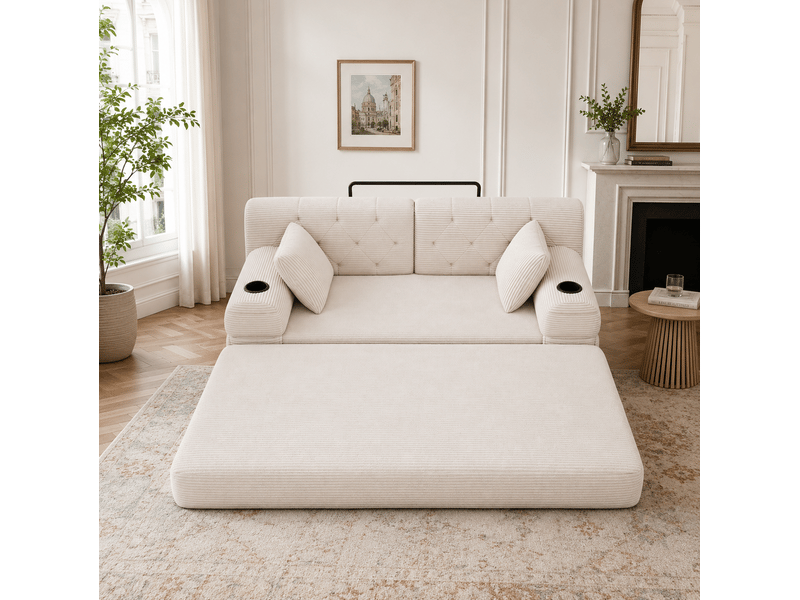  Canapé convertible compressé 3 places en velours côtelé beige avec porte-gobelets et poches  - Conforama D