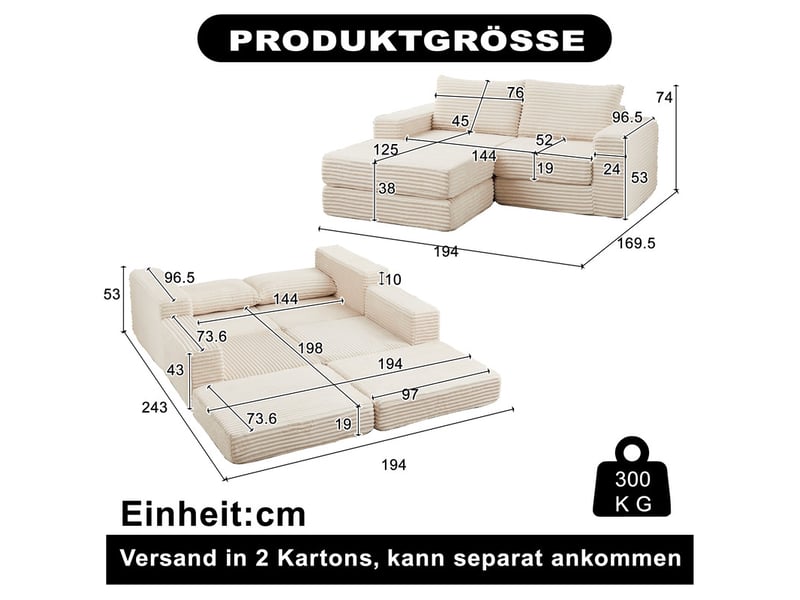 Canapé d'angle convertible ,2 places, avec deux coussins, accoudoirs carrés classiques,194x144x74cm,beige - Conforama C